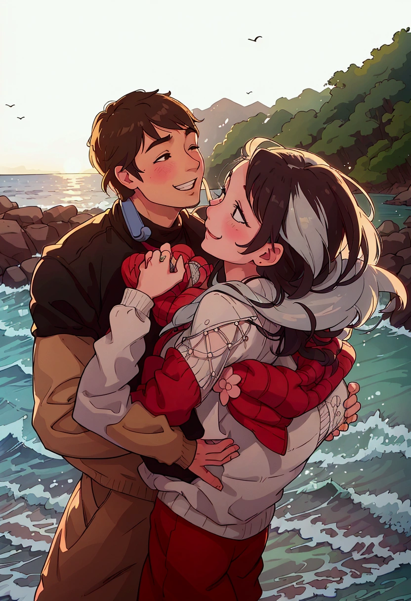 (best quality:0.8) perfect anime illustration, a man and woman hugging each other on a beach, smiling couple, man and woman in love, couple pose, happy couple, lovely couple, by Anna Haifisch, profile pic, by Karl Völker, smiling at each other, by Emma Andijewska, man and woman, romantic couple, by Matija Jama, cute photo, instagram photo
