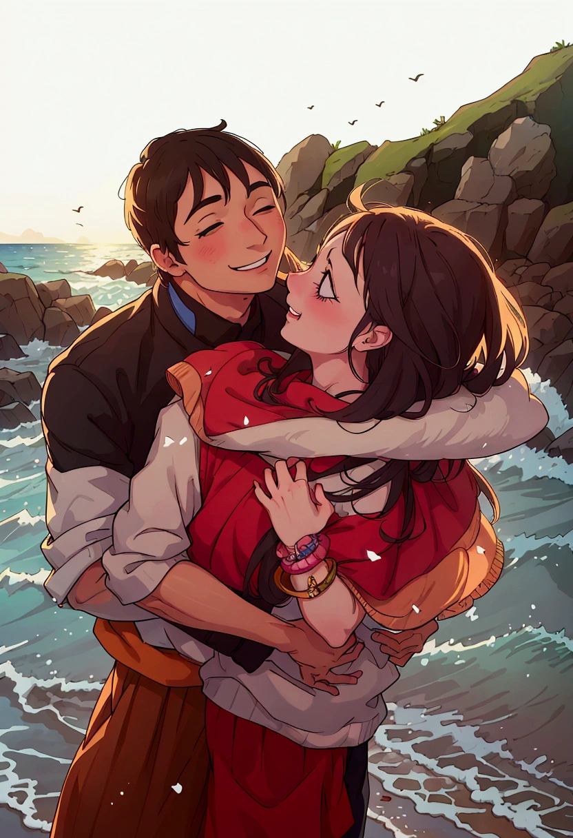 (best quality:0.8) perfect anime illustration, a man and woman hugging each other on a beach, smiling couple, man and woman in love, couple pose, happy couple, lovely couple, by Anna Haifisch, profile pic, by Karl Völker, smiling at each other, by Emma Andijewska, man and woman, romantic couple, by Matija Jama, cute photo, instagram photo