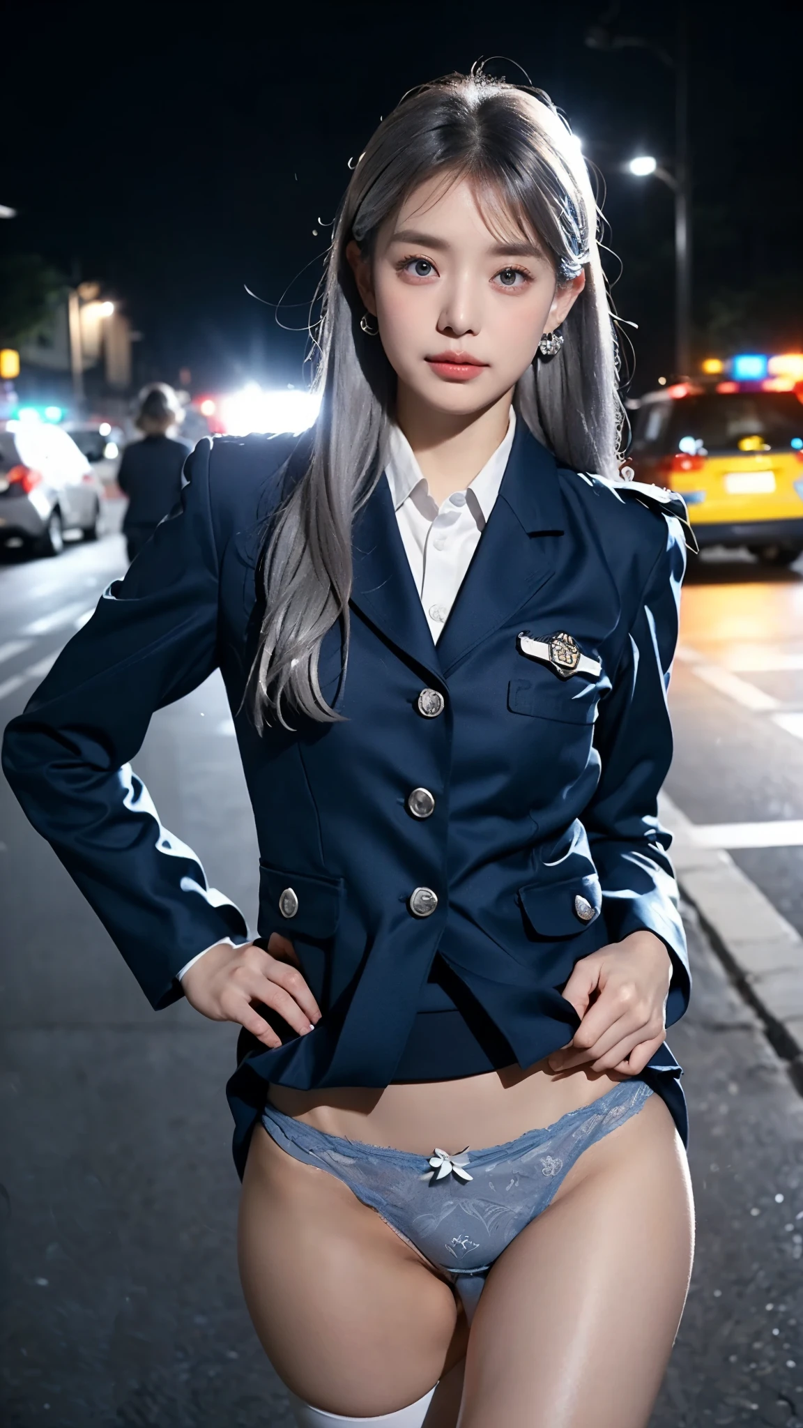 16K quality、Highest quality, It is high resolution., Real photo、((Standing posture facing forward、Full body portrait))、(((20代のSilver Hairのfemale police officer)))、(((She is rolling up her plain navy blue tight skirt with both hands.、A navy blue tight skirt rolls up、White pantiesを露出:1.5)))、((night:1.5))、((Tokyo roads、Police car))、(((Police blue uniform、Police blue blazer、Police blue mini tight skirt、Long sleeve、White panties:1.5)))、She is rolling up her micro mini tight skirt with both hands.、((Pure white high-leg panties))、(Police hat)、((Green armband))、(((Gold Button、Police emblem)))、(Police Pantyhose)、(((Beautiful silver hair、Put out your ears、Updo Hair、Mid-length hair、Silver Hair:1.3)))、((Black high heels))、Shiny earrings、choker、((blue eyes))、((Embarrassed expression、blush))、Beautiful legs、(Big eyes、No makeup、Very beautiful and subtle makeup, Light makeup,)、 Beautiful eyeshadow、Perfect body、Perfect hands、Perfect Fingers、Detailed and beautiful thin lips、A clear, beautiful face and well-proportioned eyes、Highly detailed eyes and face、Long eyelashes、double eyelid、A neat nose、Thin eyebrows、Border Light、Realistic Light、 Cute round face, Plump thighs、Accentuate your thighs、Hairstyle with bangs、Slender body、slim、Light-reflecting skin、Model body type、8Head to Body、Low - Angle、The light reflected in your eyes、Smaller face、Lip gloss、Looking away、Background blur、Movie lighting from the front、Light on face