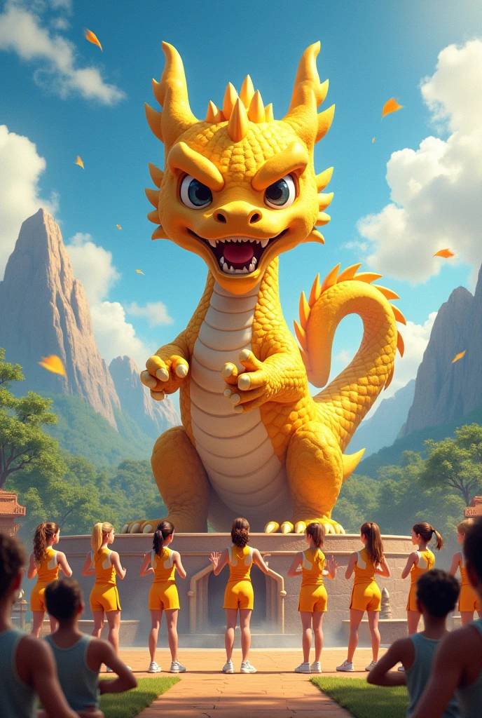 Yellow cheerleading stand with golden dragon and magnificent backdrop