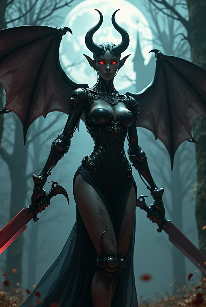 Mechanical demon woman、Detailed robot arm、Detailed robot legs、Detailed mechanical body、detailed gear、Fangs like wolves、Bull-like horns、Large bat-like wings、Devil's Tail、Beautiful glowing red eyes、black sheer dress、Beautifully detailed face、Ideal body type、Big Breasts、Narrow waist、In the background is a Gothic castle surrounded by a moonlit forest.、Cowboy Shot、