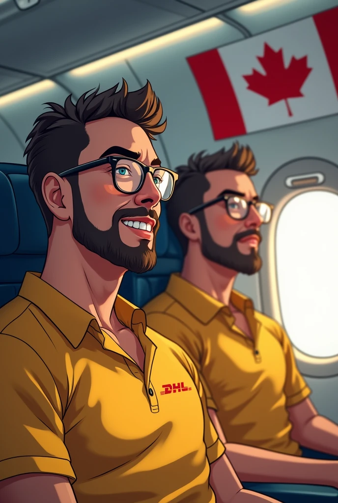 Two men with prescription glasses, Riding a plane, and goatee, one of them is wearing a DHL shirt, they are heading from Japan to Canada, make it very clear with the flags