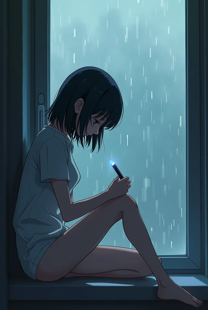 A girl in underwear with a white shirt up to her navel, sitting with her back to a desk writing with a shiny crystal pen, In front of a large window where you can see water droplets falling and hitting the glass., It&#39;s cloudy, It&#39;s night, and there is an air of melancholy and longing, in semi-realistic anime style and with a pastel color palette