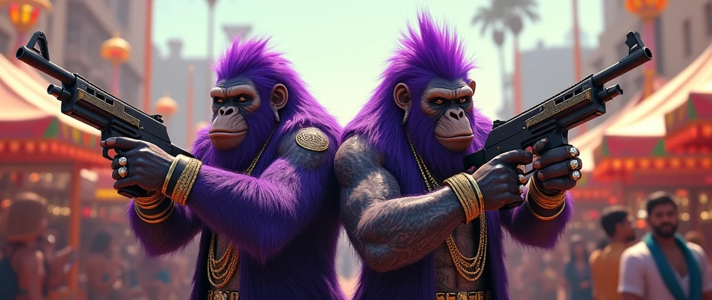 1 long-haired purple female ape and 1 purple ape, With giant and high-caliber weapons, with gangster SUIT with chains, tattooed, with huge diamond and gold rings, smoking with a pipe, at an Indian fair 