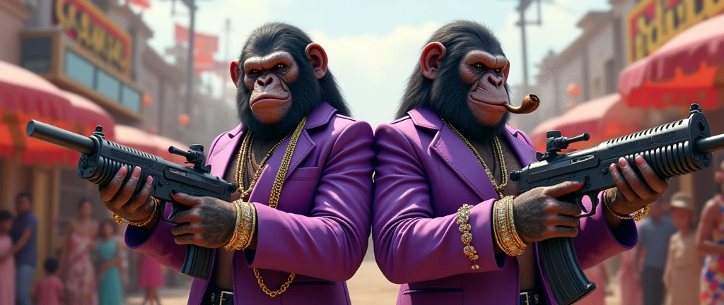 1 purple female ape and 1 purple ape, With giant and high-caliber weapons, with gangster SUIT with chains, tattooed, with huge diamond and gold rings, smoking with a pipe, at an Indian fair