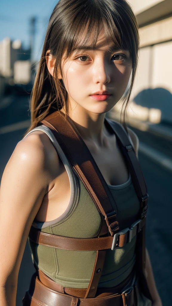 (masterpiece, ultra-detailed, ultra-realistic, best quality, clear focus, photorealistic), (ultra-high resolution, 8k:1.3), cinematic color-grading film, dramatic scenes, shadow, global-illumination, perfect anatomy, perfect face, (detailed face, detailed eye:1.3), (20 years old Japanese anime-style blonde girl), professional light, (beautiful with cute but boyish cool Japanese face:1.3), (holding a large rifle:1.4), (aiming with a long barrel rifle:1.4), (Strong willed expression:1.2), (afraid), (leather bodysuits), sniper, slim waist, (bad girl:1.3), amazing view of Abandoned buildings, very large breasts, tactical vest, military harness,