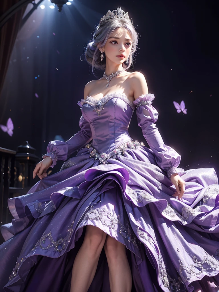 Princess, princess dress, purple dress, purple dress with crystals, dress with ribbons and bowes, long dress, puffy sleeves, earings, crowns, castle, High Resolution, Masterpiece, Breasts, ball gown, blue eyes, silver hair, gloves, blushing, cute, victorian dress, 1 girl, solo