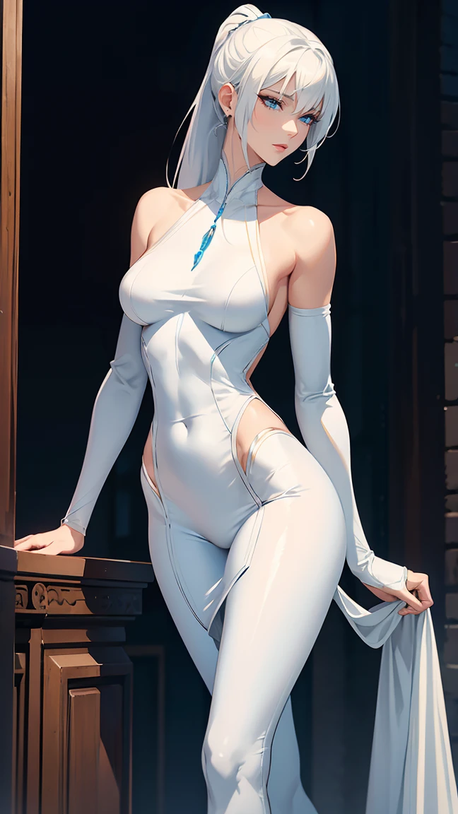 Elegant mature woman, slender slim body, small size breasts, white hair, long ponytail, bangs, blue eyes, bare shoulder, long tight leggings, fantasy, medieval, 4k resolution, high quality, (Nude:0.8)