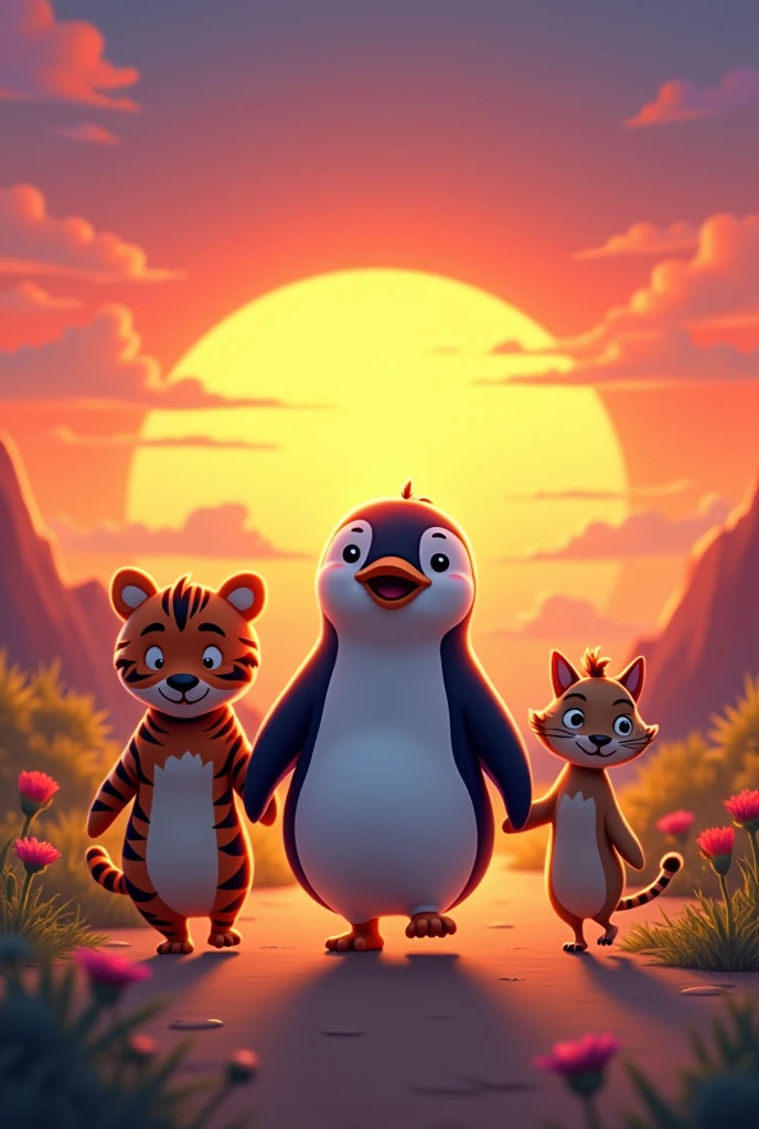 A little female fat penguin walking holding hands with 2 supporters. One is male thin tiger and other one is also a male thin animal who talk too much. Cartoon image. Showing there back side going towards sunset.