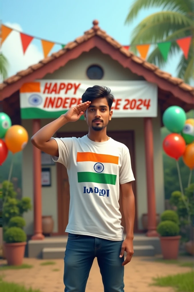 A real 20 year old boy , wearing a white "sonu" name with flag T-shirt stands in front of a house decorated with Indian flags and tricolor balloons, saluting for an upcoming Independence Day celebration. The house has a large banner that reads "HAPPY INDEPENDENCE DAY 2024 and make sure text should be correct.
