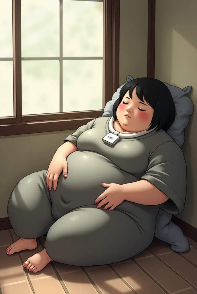 A Japanese mother who resembles a sea lion is lying down and sleeping on the floor by the window. She has short, black bob hair, is overweight, wears grey short-sleeved clothes, and is wearing a white square necklace. She is scratching her crotch.