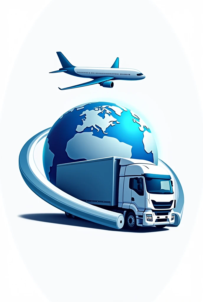 Create a logo of a planet Earth supported by a transport truck that has a blue letter S with a thick white outline inverted on the left side of the planet and a letter S on the right side of the planet making a mirror effect to the first one and above the planet an airplane