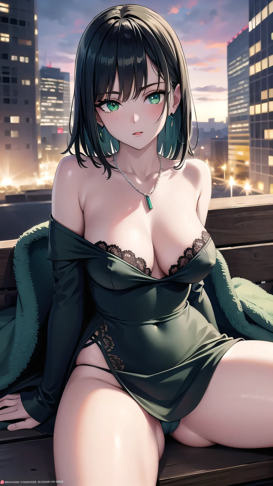 BREAK (masterpiece:1.2), best quality, high resolution, unity 8k wallpaper, (illustration:0.8), (beautiful detailed eyes:1.6), extremely detailed face, perfect lighting, extremely detailed CG, (perfect hands, perfect anatomy),city,street,wet road,reflections, buildings,night,fubuki, black hair, (green eyes:1.5), short hair,black dress, dress, fur coat, high collar, jewelry, necklace, off shoulder, taut clothes, taut dress,stockings,neckline,cleavege,nipples see through,sitting in bench, wide spread legs,showing panties,showing legs.