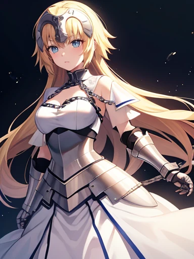 masterpiece,best quality,high resolution,jeanne darc, blonde hair, blue eyes, long hair,white dress, armor, armored dress, chain, collar, dress, faulds, gauntlets, headpiece, metal collar, plackart,