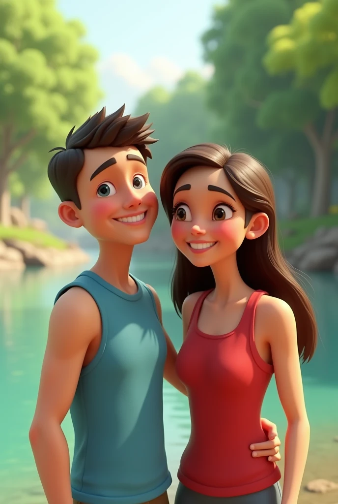 Generates a Disney Pixar 3D style image depicting a smiling couple by a river with a natural landscape in the background. The man has short, dark hair., He is wearing a blue sleeveless shirt. The woman has long, straight brown hair., She is wearing a red sleeveless blouse. They are standing next to each other, enjoying the day outdoors, with a light green river and trees in the background. The style should be cheerful and colorful., with a cartoonish touch typical of Pixar, with soft details and friendly facial expressions."