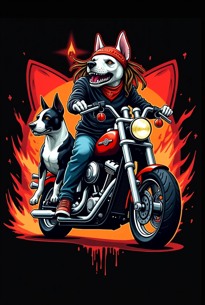 logo cool skull and bull terrier  riding a Harley Davitson motorbike emiting fire,  wearing cool glasses and hat beanie cool, and black white  bull terrier dog  standing roaring, wearing red and white bandana dreadlocks hair standing peeing raising hind legs, red white cat splash design, dark retro black background