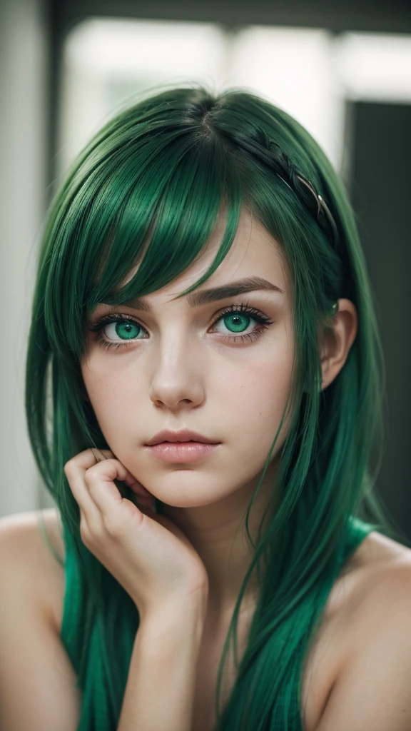 a girl. european. sad eyes. green eyes. green hair. feeling sad and disappointed. shy