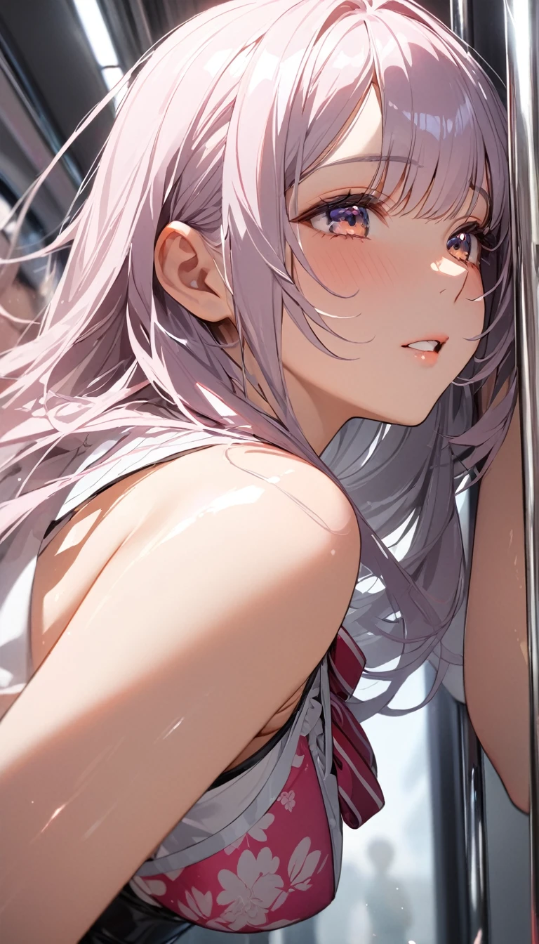 masterpiece,Highest quality,8k,Inside the train,Close Contact,During busy times,1 Female,Close-up of face,Bold Pose,Big behavior,Shiny hair,Glossy skin,Japanese idol model,