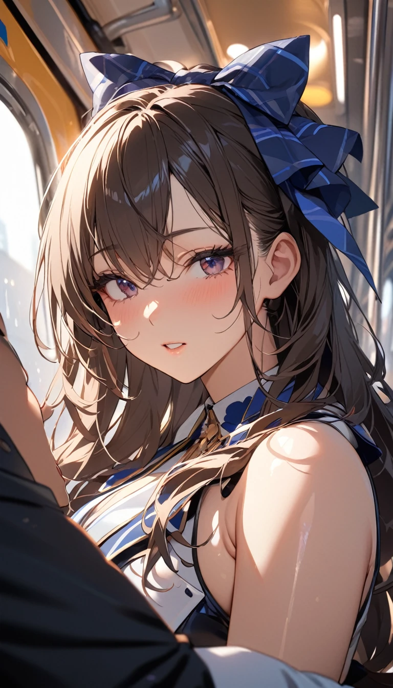masterpiece,Highest quality,8k,Inside the train,Close Contact,During busy times,1 Female,Close-up of face,Bold Pose,Big behavior,Shiny hair,Glossy skin,Japanese idol model,