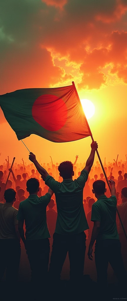 Bangladeshi students movement, carrying bangladesh flag, new rise of sun in background, bangladesh independence
