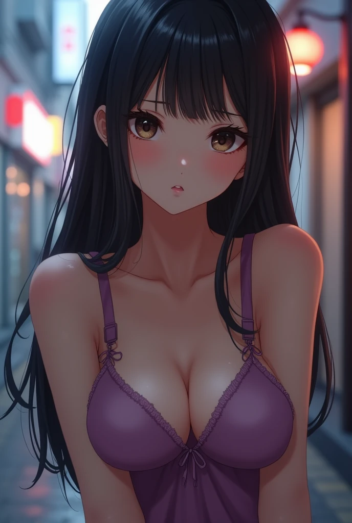 masterpiece,8k,Highest quality,Ultra-fine,Realistic photos、 The whole body is visible,Highly detailed face, Fine and glowing skin,Big eyes), (long, straight black hair, Big Breasts: 1.2), (Shooting from below,Downward), Pretty face, 21 year old Japanese,Camisole dress,Roll up your skirt,Purple see-through panties,Big eyes, double eyelid,Embarrassed look,In the city, Covered nipples