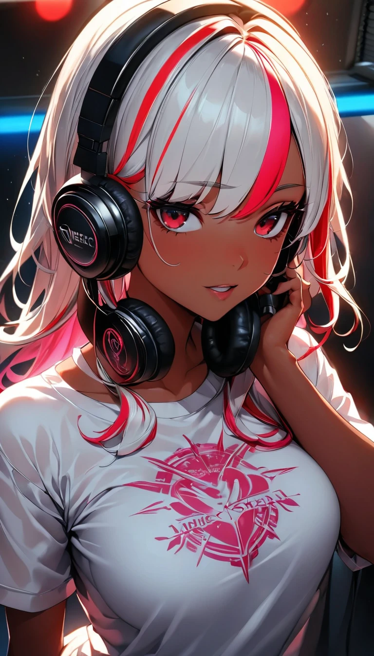 (highest quality:1.2, Very detailed, up to date, Vibrant, Ultra-high resolution, High Contrast, masterpiece:1.2, highest quality, Best aesthetics), Portraiture、girl、singer、Bright colors、Beautiful fine details、Beautiful lip detail、midium wave hair、red and white ((streaked hair:1.6)), highlights hair: 1.5, red eyes, (slim:1), medium breast, (tan skin:1.1), t-shirts and old jeans、loose fit, wearing headphone, vocal recording, singing, (right hand holding mike stand:1), (Floral Fineline tattoo design on left arm:1), ((mike stand)), Powerful vocals、Rock star aura、recording studio, vocal recording booth:1