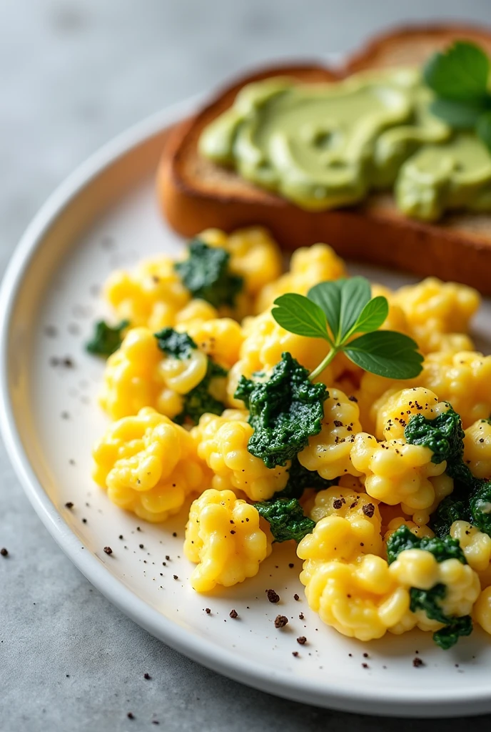 Scrambled eggs with spinach and whole wheat toast with avocado
