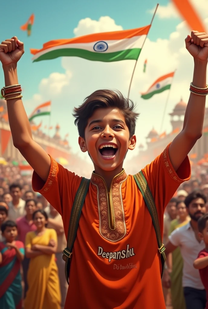 A real 19-year-old boy joyfully celebrates Indian Independence Day. He is wearing traditional Indian outfits with the name "Deepanshu" written on his attire. Above him, in the sky, the words "Happy Independence Day" are displayed in a bold font. The backdrop is filled with people celebrating, enhancing the festive and patriotic spirit of the day