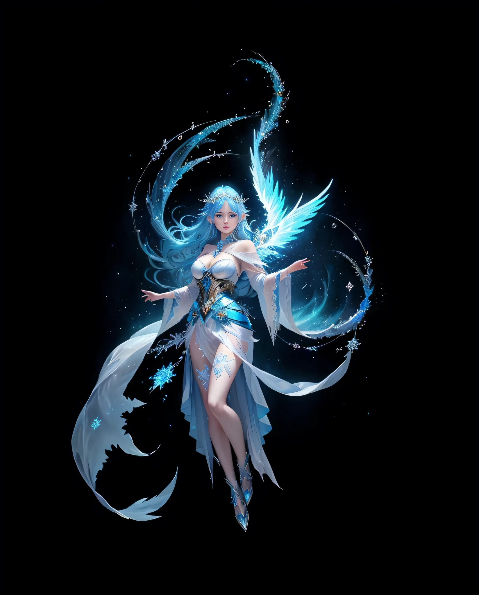 Anime girl with blue hair and blue wings flying in the sky, Ice Witch, Beautiful ancient frost witch, Ice and Storm Queen, Beautiful and elegant elf queen, Ice Mage, Witch casts ice ball, Frozen queen, Beautiful witch, Flowing Magic Robe, author：Yang J, Beautiful Celestial Mage, Epic and beautiful character art