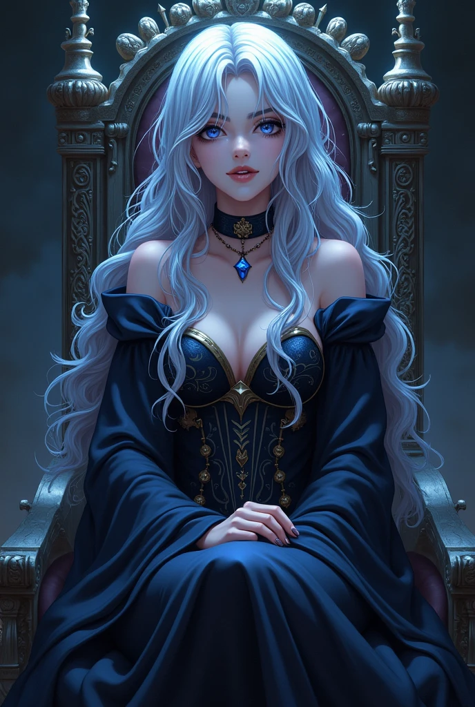 (best quality,highres)Beautiful girl with wavy long hair,blue eyes,ironic smile,sit on throne,badass,dark atmosphere,fantasy queen clothes,anime style