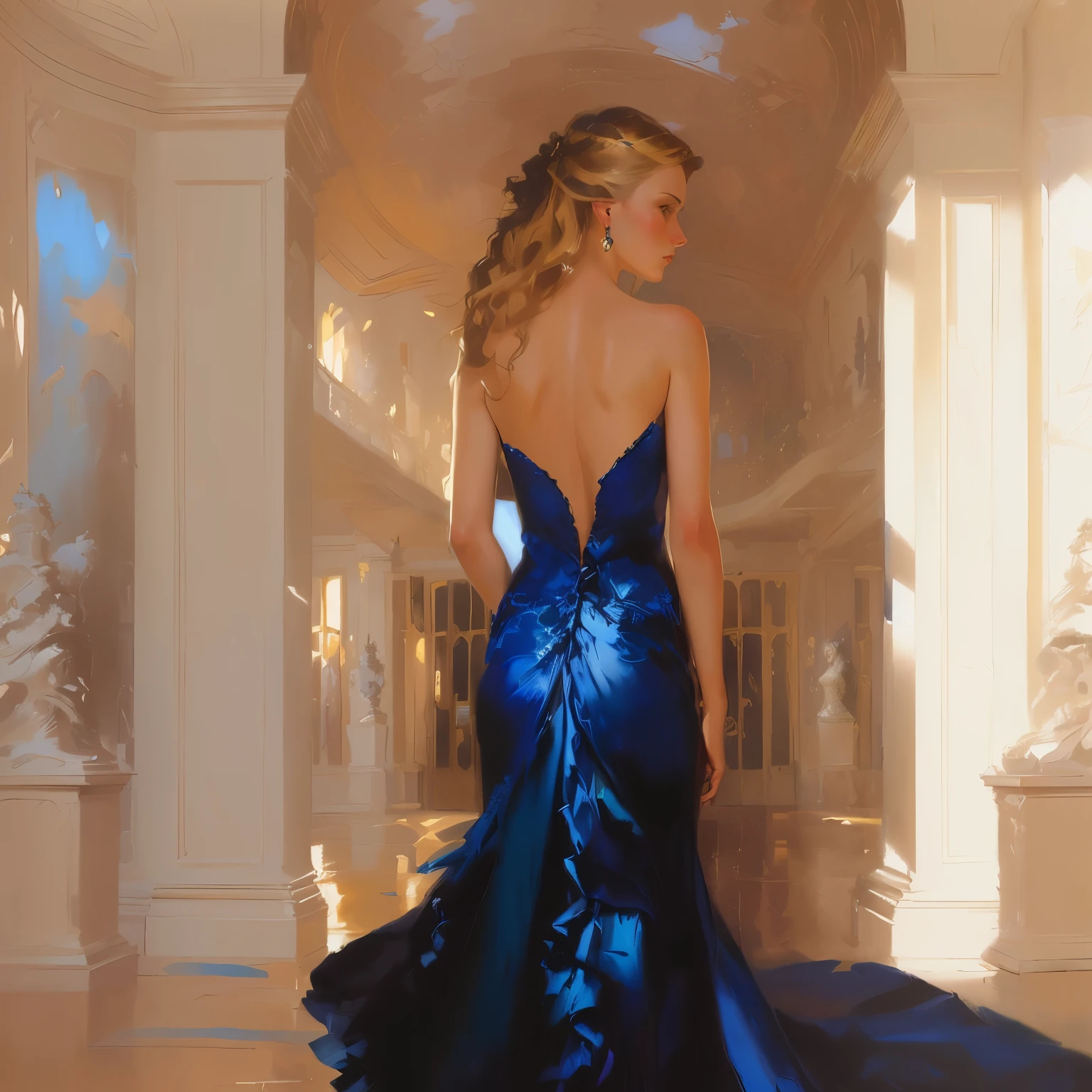 Painting of a woman in a blue dress standing in a hall, Elegant oil painting, Wallages, Donato Giancola&#39;s Style, Dressed in gold, Donato Giancola (Donato Giancola's) of inspiration, painting vladimir Wallages, vladimir Wallages, author：John Lagata, gorgeous paintings, Wearing fancy clothes, Beautiful art UHD 4K, Sensibility