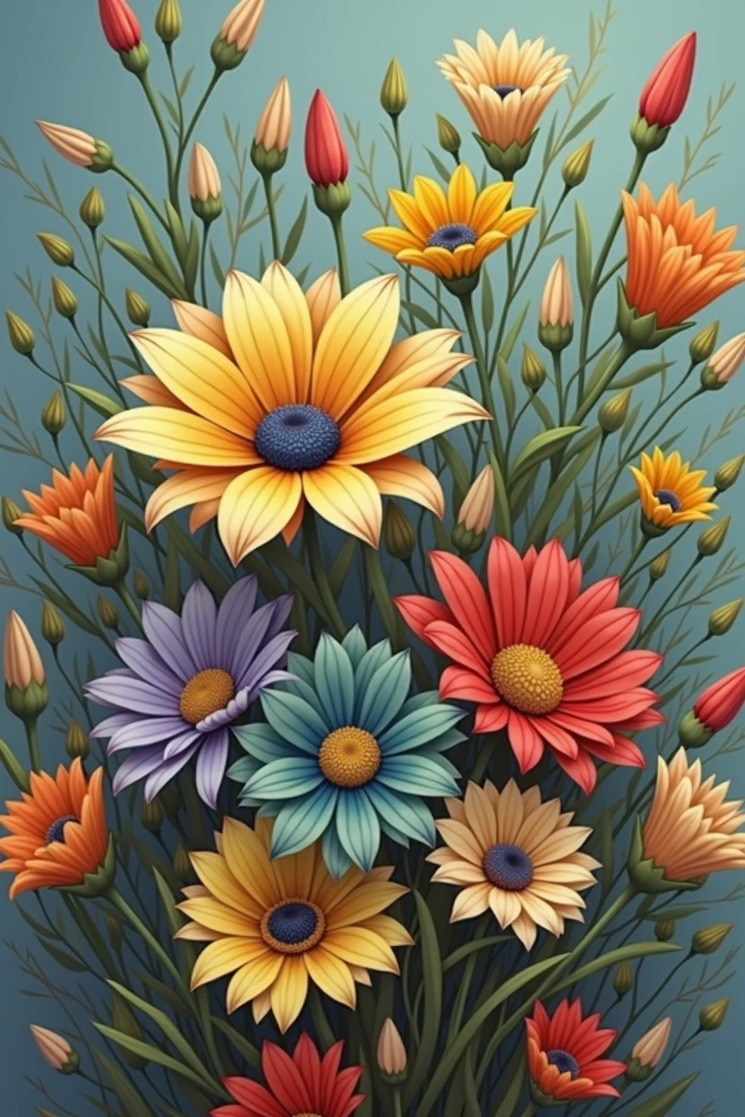 lush bright flowers on a light background, flowers with brightly outlined petals and leaves are gathered in a large bouquet