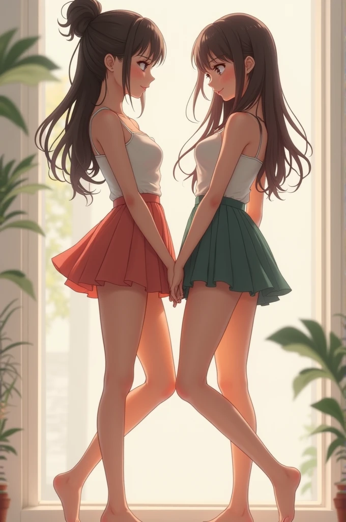 2 girls in stockings and skirt