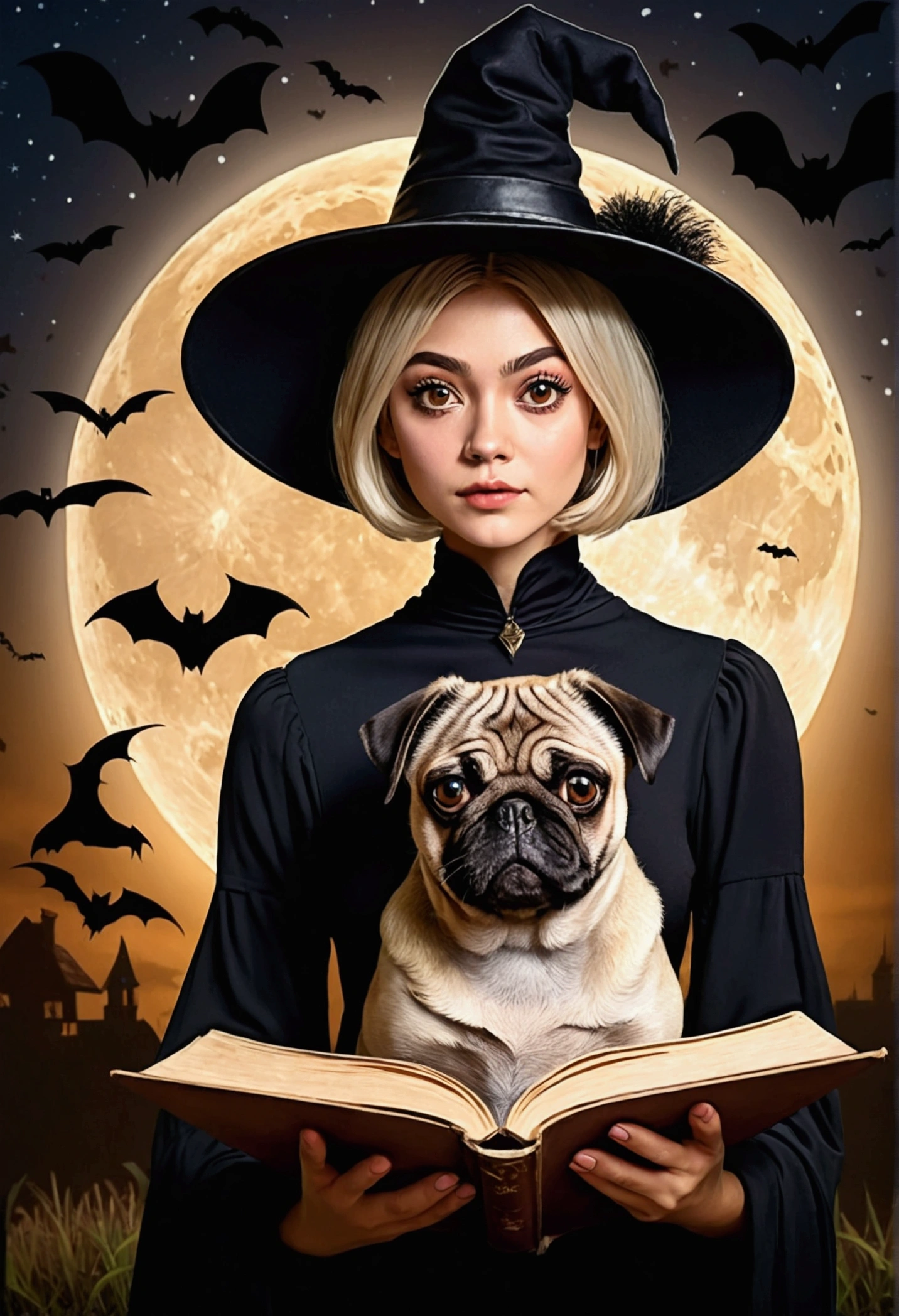 Witch with short honey-colored hair and black witch hat., Brown eyes, with an open old book, with an adult pug dog ,At night with a full moon and bats in the background