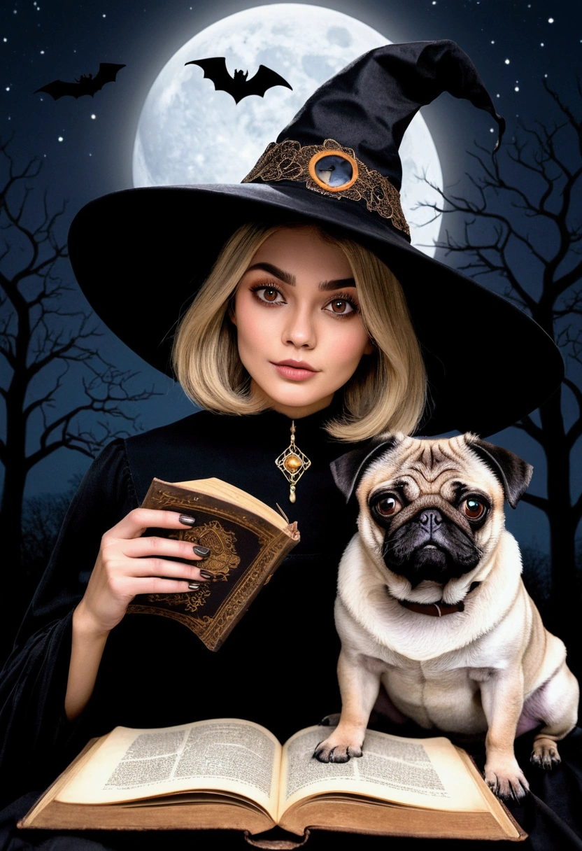 Witch with short honey-colored hair and black witch hat., Brown eyes, with an open old book, with an adult pug dog ,At night with a full moon and bats in the background