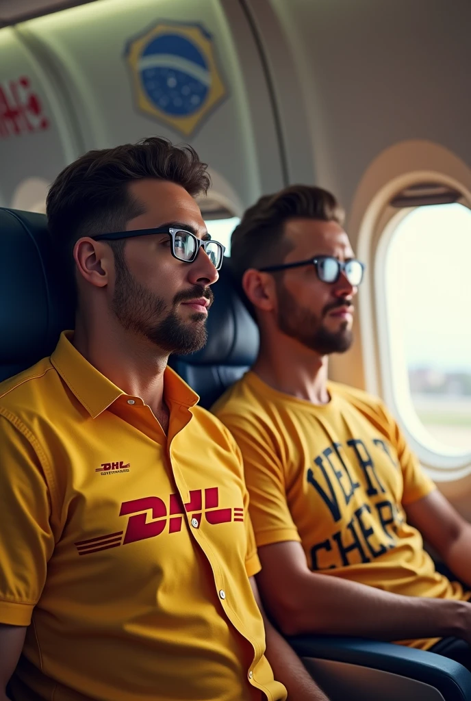 Two men with prescription glasses, Riding a plane, and goatee, one of them is wearing a DHL shirt, and the other with the VERY CHEAP market shirt they are going from BRAZIL to Japan, make it very clear with the flags