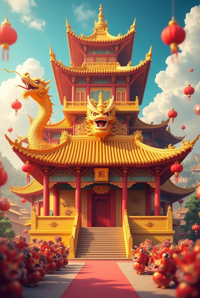 The yellow cheering stand has a golden dragon and a magnificent backdrop. The background has a Chinese-style building.