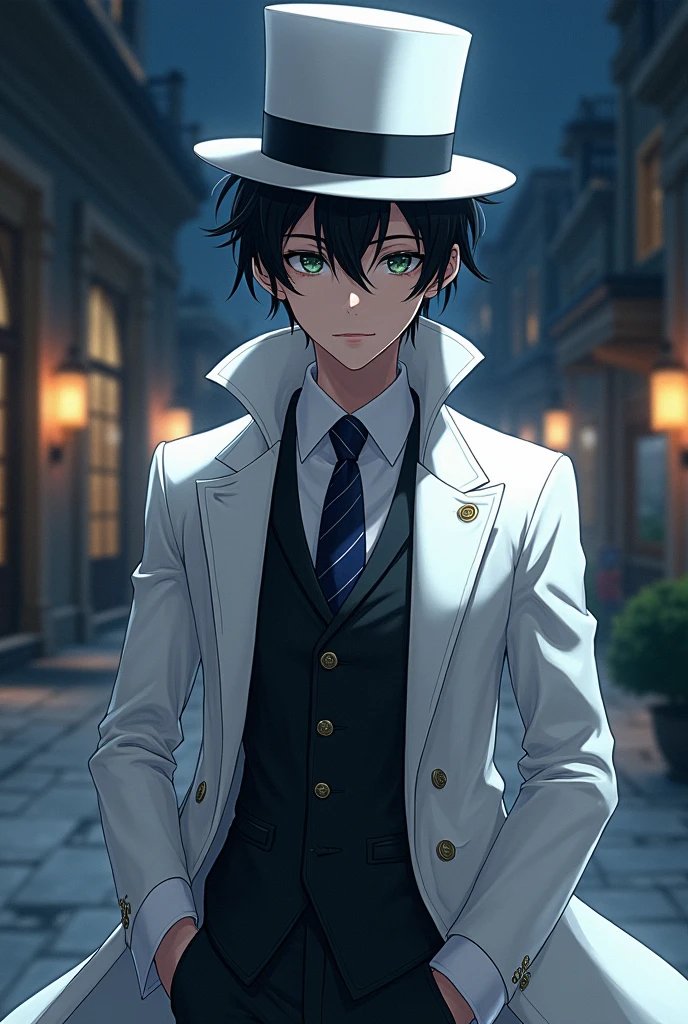 A male high school student wearing a school uniform 1st Army smart Random hairstyle At night, he becomes a phantom thief White tuxedo silk hat