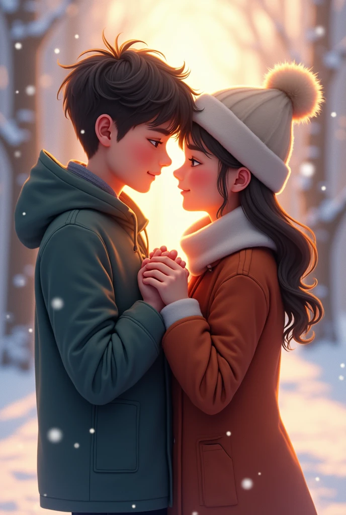 A boy holding his girlfriend hand to makes her hand warm in winter time