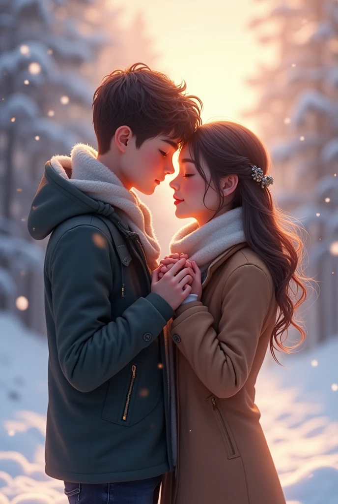 A boy holding his girlfriend hand to makes her hand warm in winter time