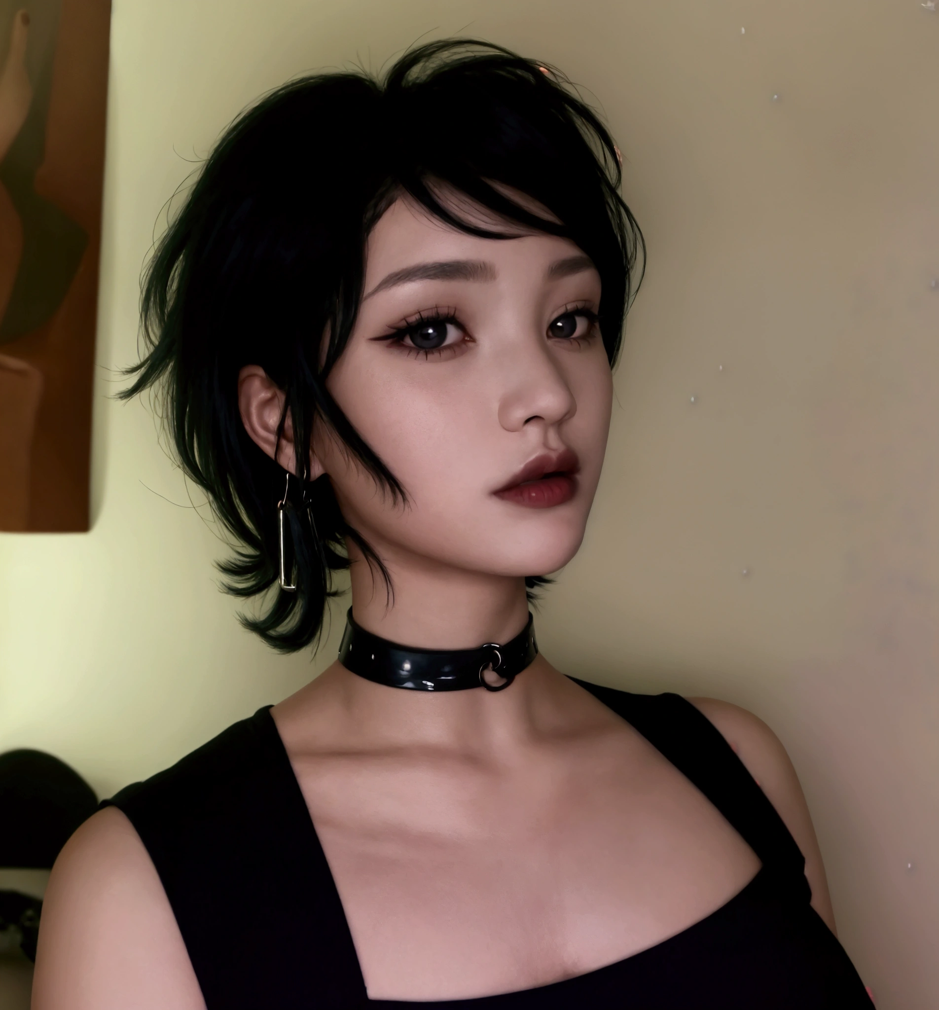arafed woman with a black top and a black choke, 1 7 - year - old goth girl, 1 7 - year - old anime goth girl, black hime cut hair, with short hair, with short hair with bangs, messy black bob hair, cruel korean goth girl, short black hair with bangs, goth girl aesthetic, hair blackbangs hair, wearing black choker