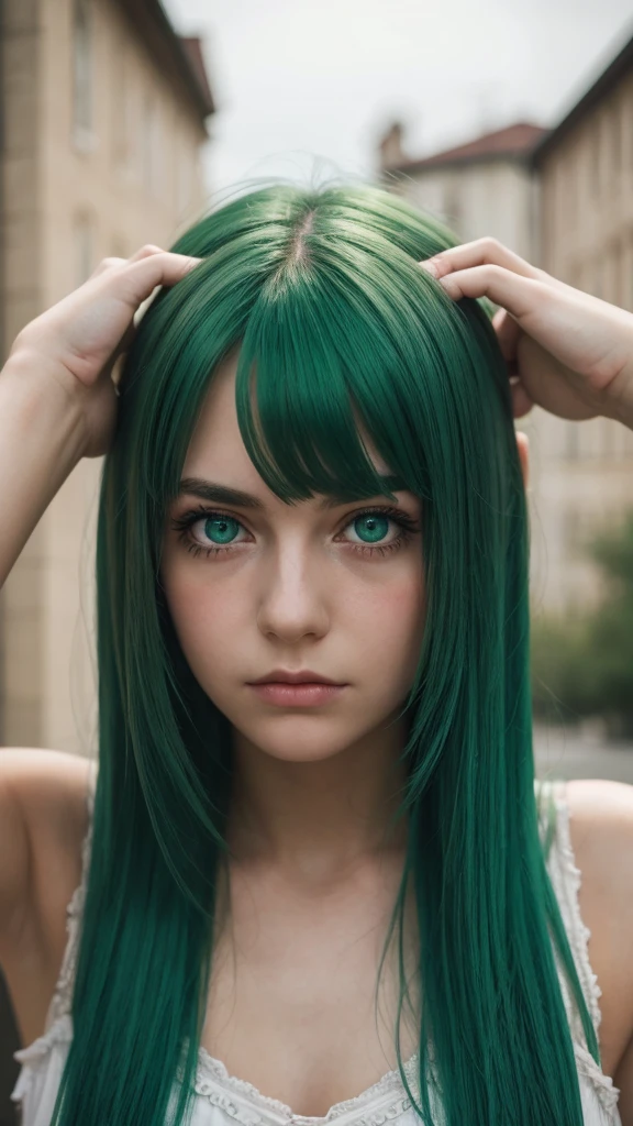 a girl. european. sad eyes. green eyes. green hair. feeling sad and disappointed. shy