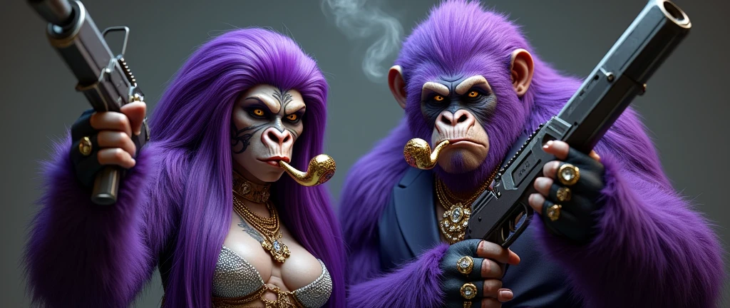 1 long-haired purple female ape and 1 purple ape, With giant and high-caliber weapons, with gangster SUIT and chains, tattooed, with huge diamond and gold rings, smoking with a pipe