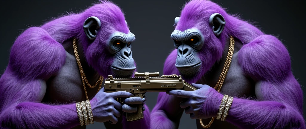1 purple female ape and 1 purple ape, With giant and high-caliber weapons, with gangster SUIT with chains, tattooed, with huge diamond and gold rings, smoking with a pipe