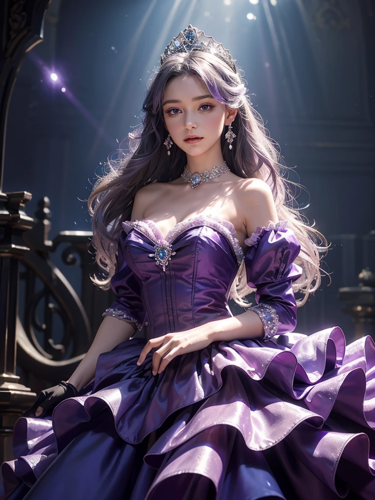 Princess, princess dress, purple dress, purple dress with crystals, dress with ribbons and bowes, long dress, puffy sleeves, earings, crowns, castle, High Resolution, Masterpiece, Breasts, ball gown, blue eyes, silver hair, gloves, blushing, cute, victorian dress, 1 girl, solo, water, swimming in the dress