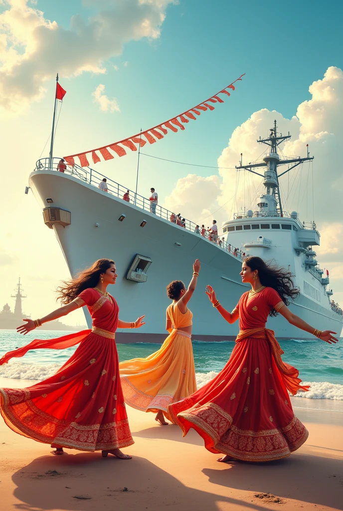 design for brochure, showing maritime connection of city of Surat, add garba dance, add warship in white background 

