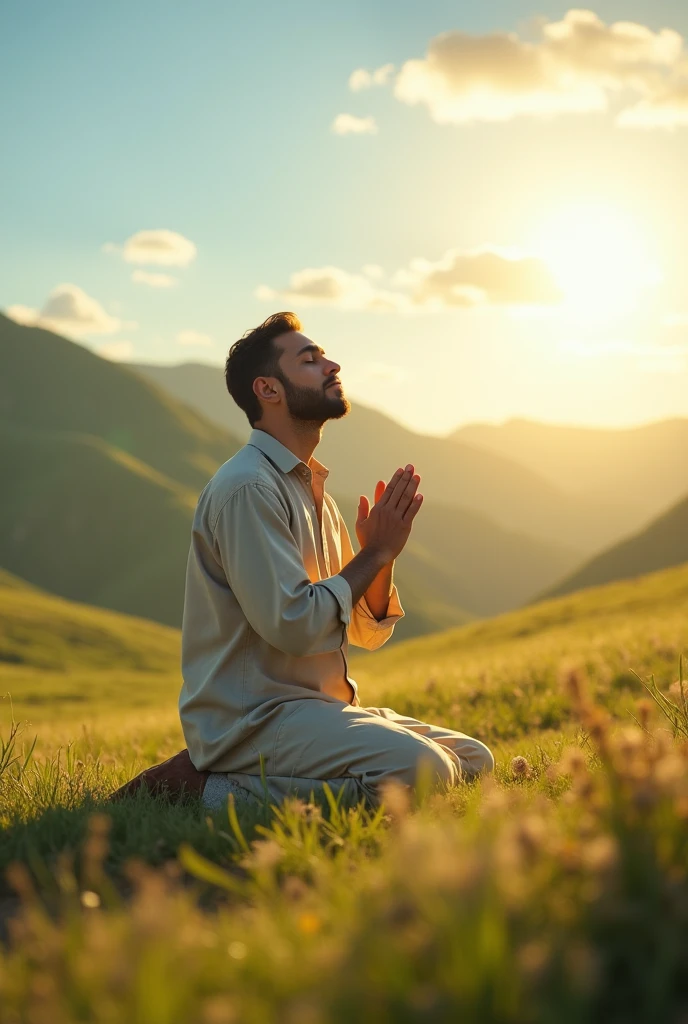 Man Praying On His Knees In A Sunny Landscape For Youtube Thumbnail