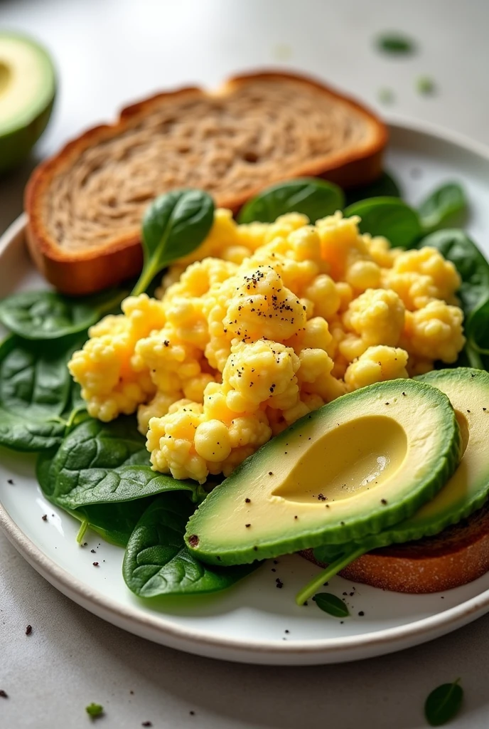 Scrambled eggs with spinach and whole wheat toast with avocado