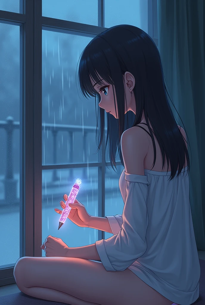 A girl in underwear with a white shirt up to her navel, sitting with her back to a desk writing with a shiny crystal pen, In front of a large window where you can see water droplets falling and hitting the glass., It's cloudy, It's night, and there is an air of melancholy and longing, in semi-realistic anime style and with a pastel color palette