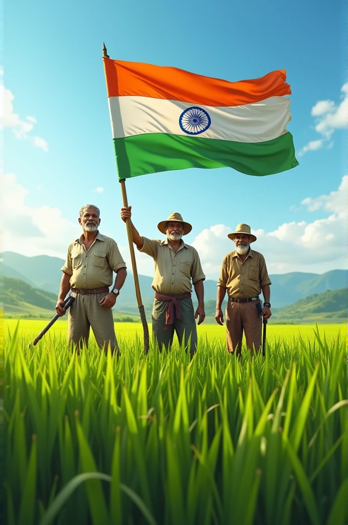 Indian farmers With Indian Flag in paddy farm